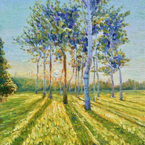 Neighbours — Dallas Deng landscape oil painting, light and calm.