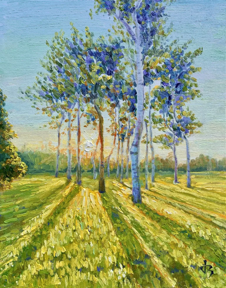 Neighbours — Dallas Deng landscape oil painting, light and calm.