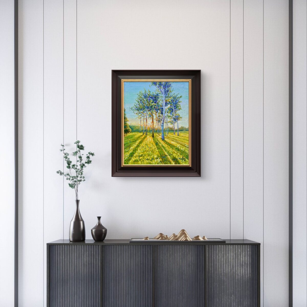 Neighbours 1 — Dallas Deng oil painting, interior wall view, light and calm.