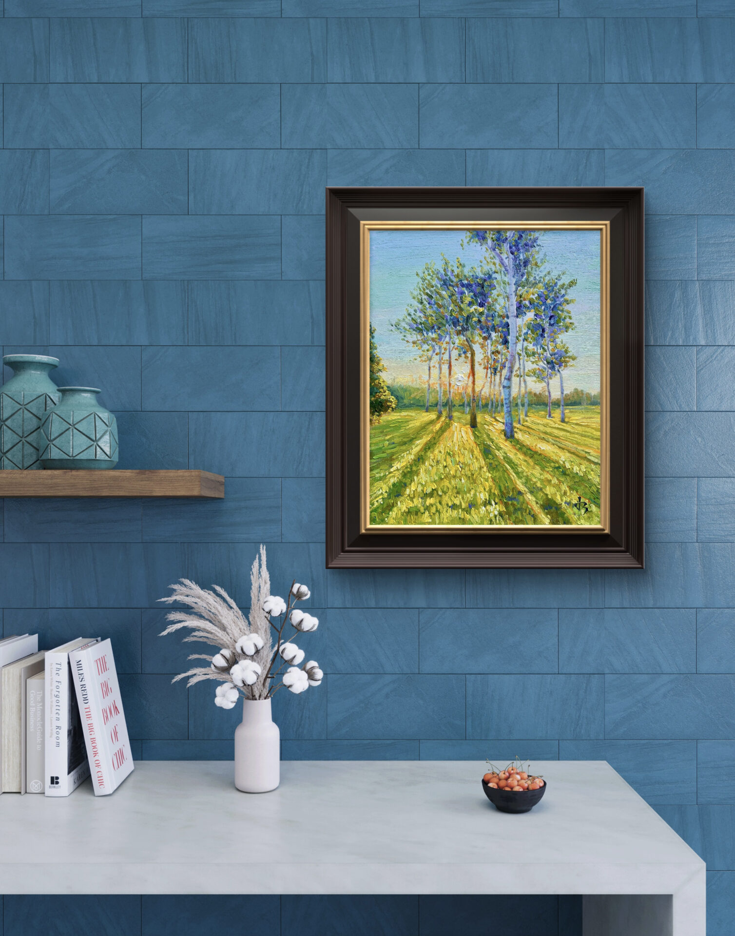 Neighbours — Dallas Deng oil painting, interior wall view, light and calm.