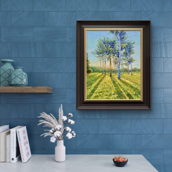 Neighbours — Dallas Deng oil painting, interior wall view, light and calm.