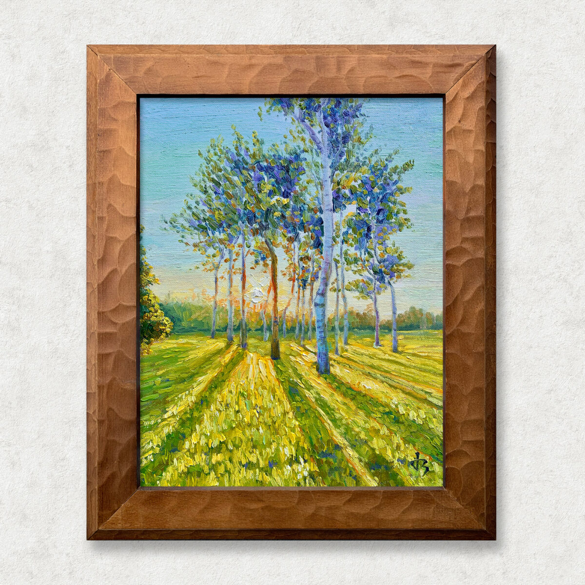 Neighbours Walnut — Dallas Deng oil painting, framed view, light and calm.