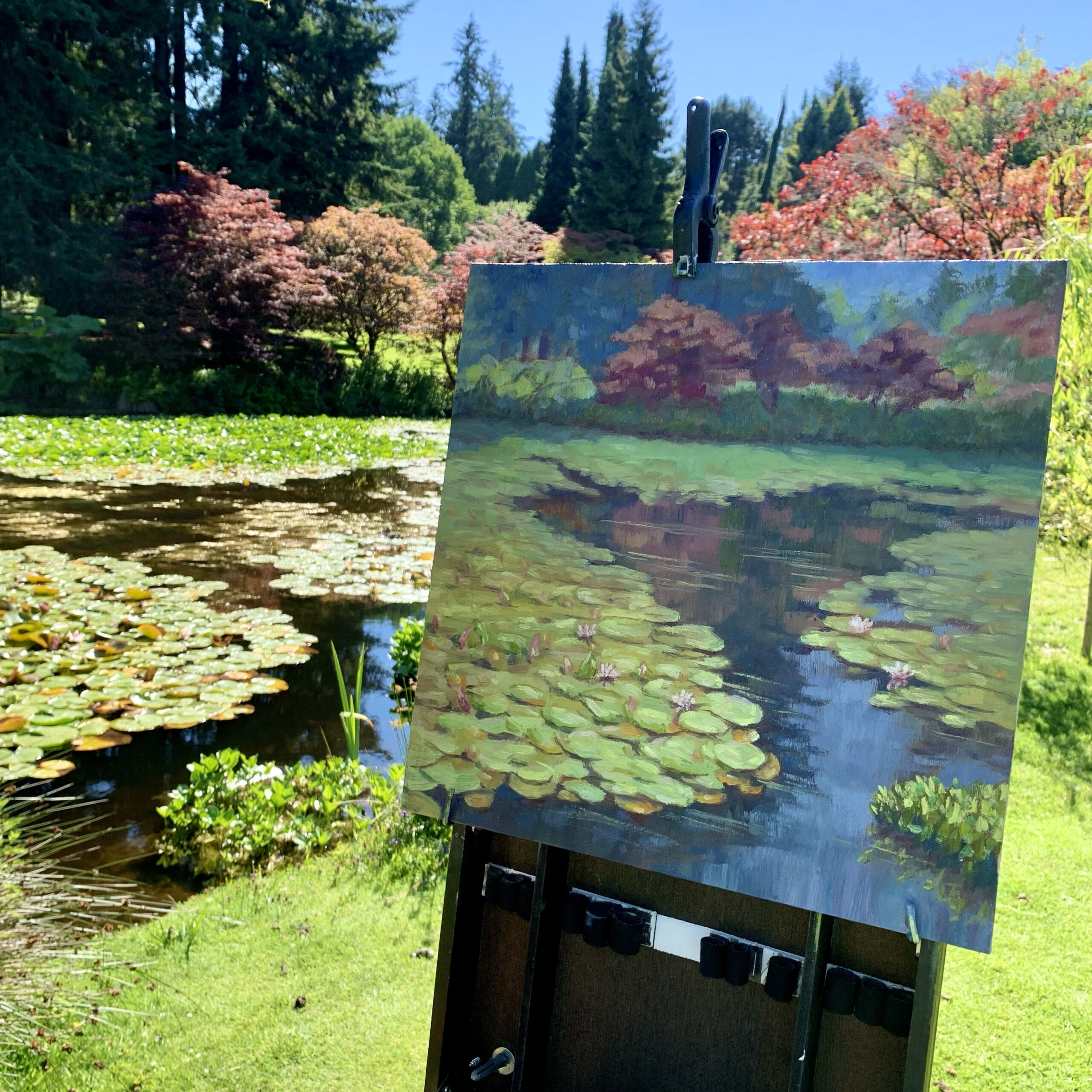 Pond Plein Air — Dallas Deng oil painting, light and calm.