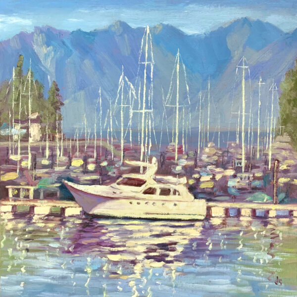 Snug Cove Dock — Dallas Deng landscape oil painting, light and calm.