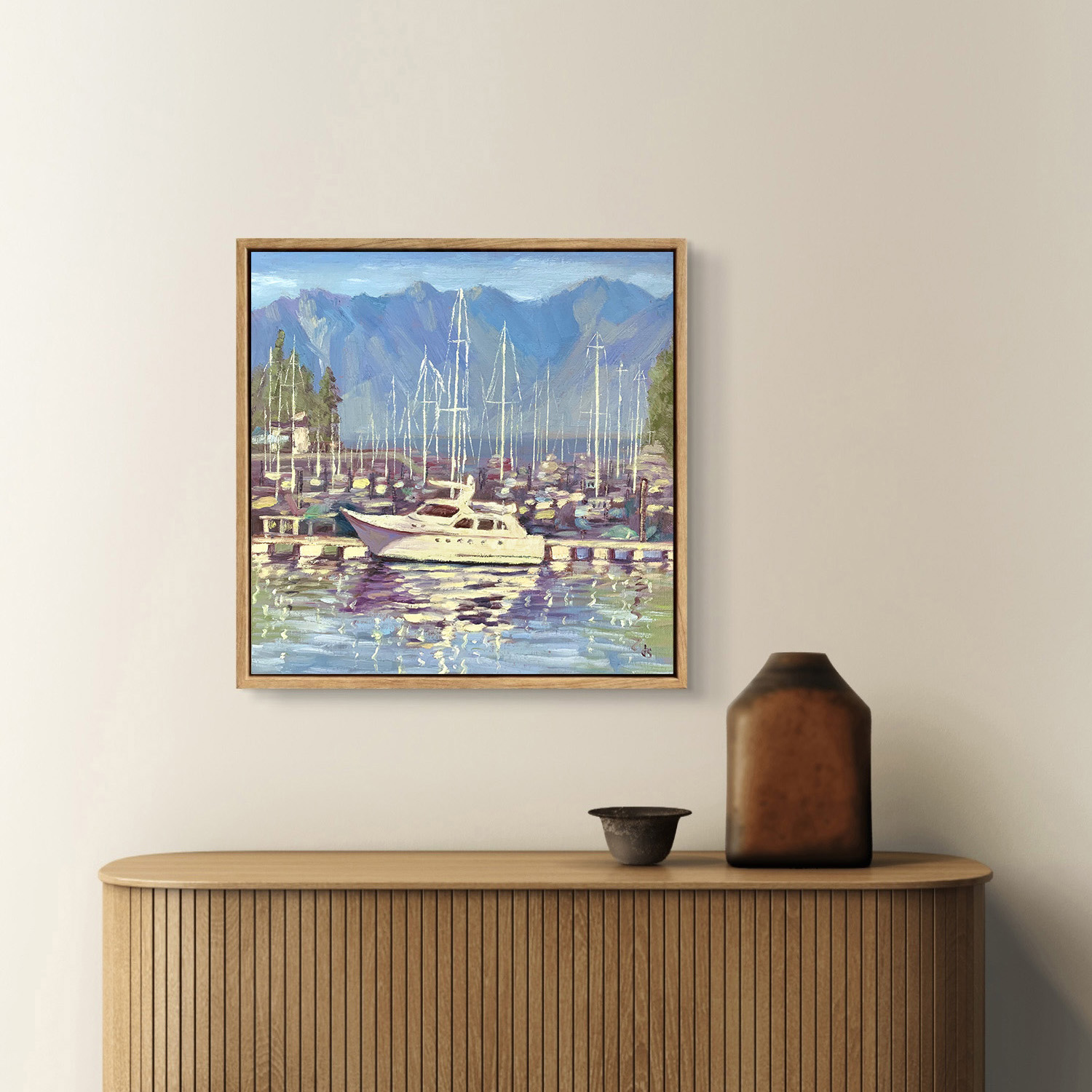 Snug Cove Dock — Dallas Deng oil painting, interior wall view, light and calm.