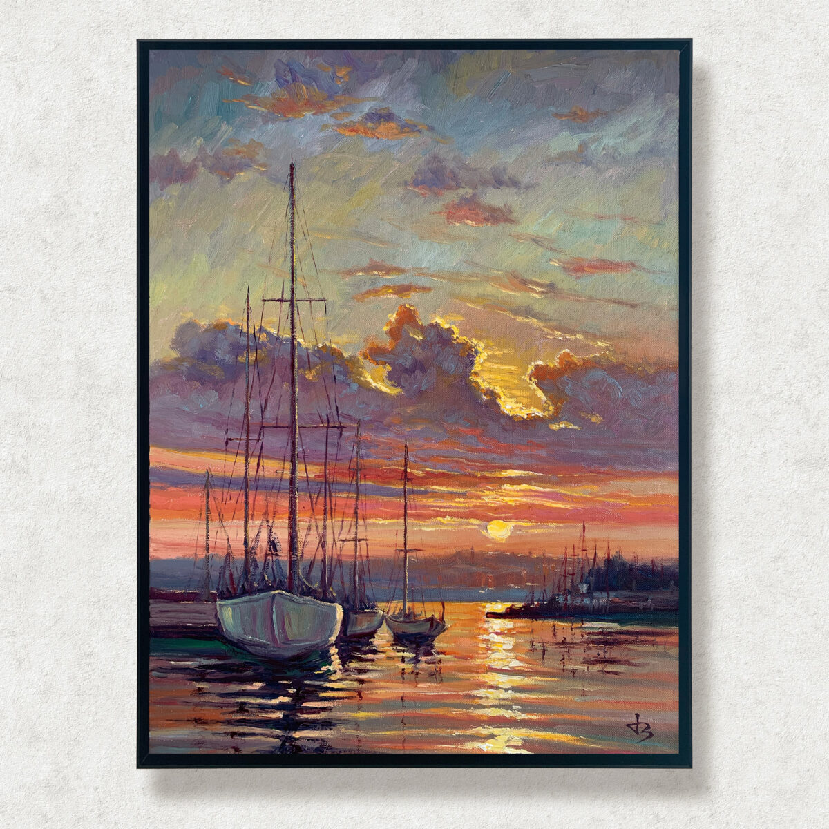 Harbor of Quiet Light 3 — Dallas Deng oil painting, framed view, light and calm.