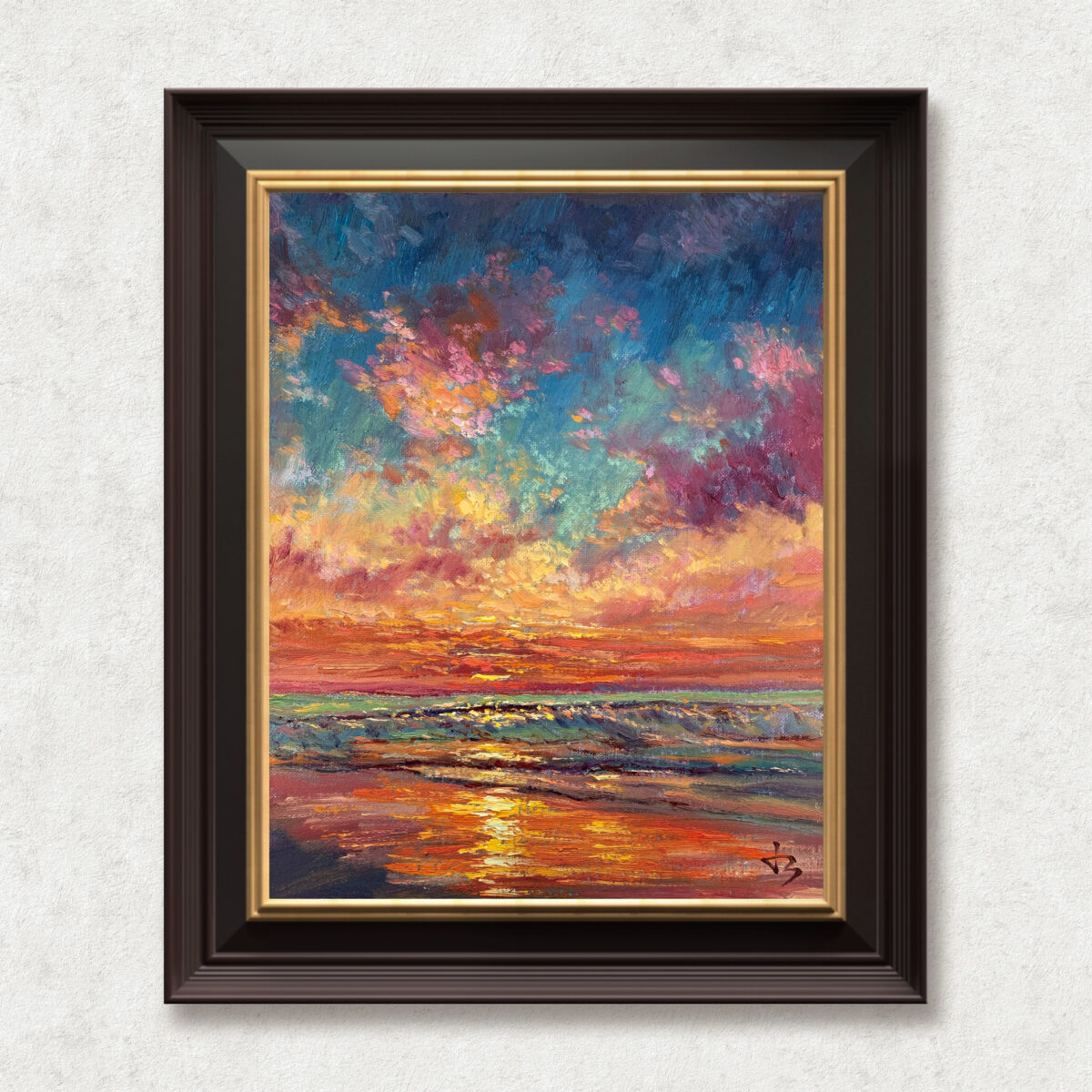 Pacific Ember — Dallas Deng oil painting, framed view, light and calm.