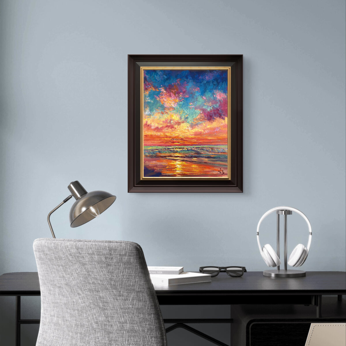 Pacific Ember 2 1 — Dallas Deng oil painting, interior wall view, light and calm.