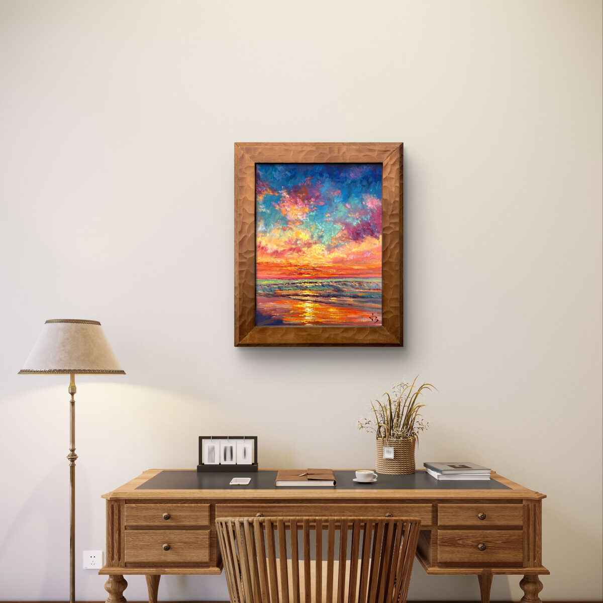 Pacific Ember 3 1 — Dallas Deng oil painting, interior wall view, light and calm.