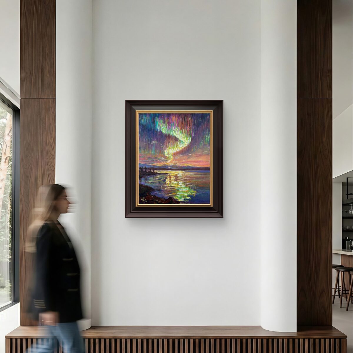 The Descent of Light — Dallas Deng oil painting, interior wall view, light and calm.