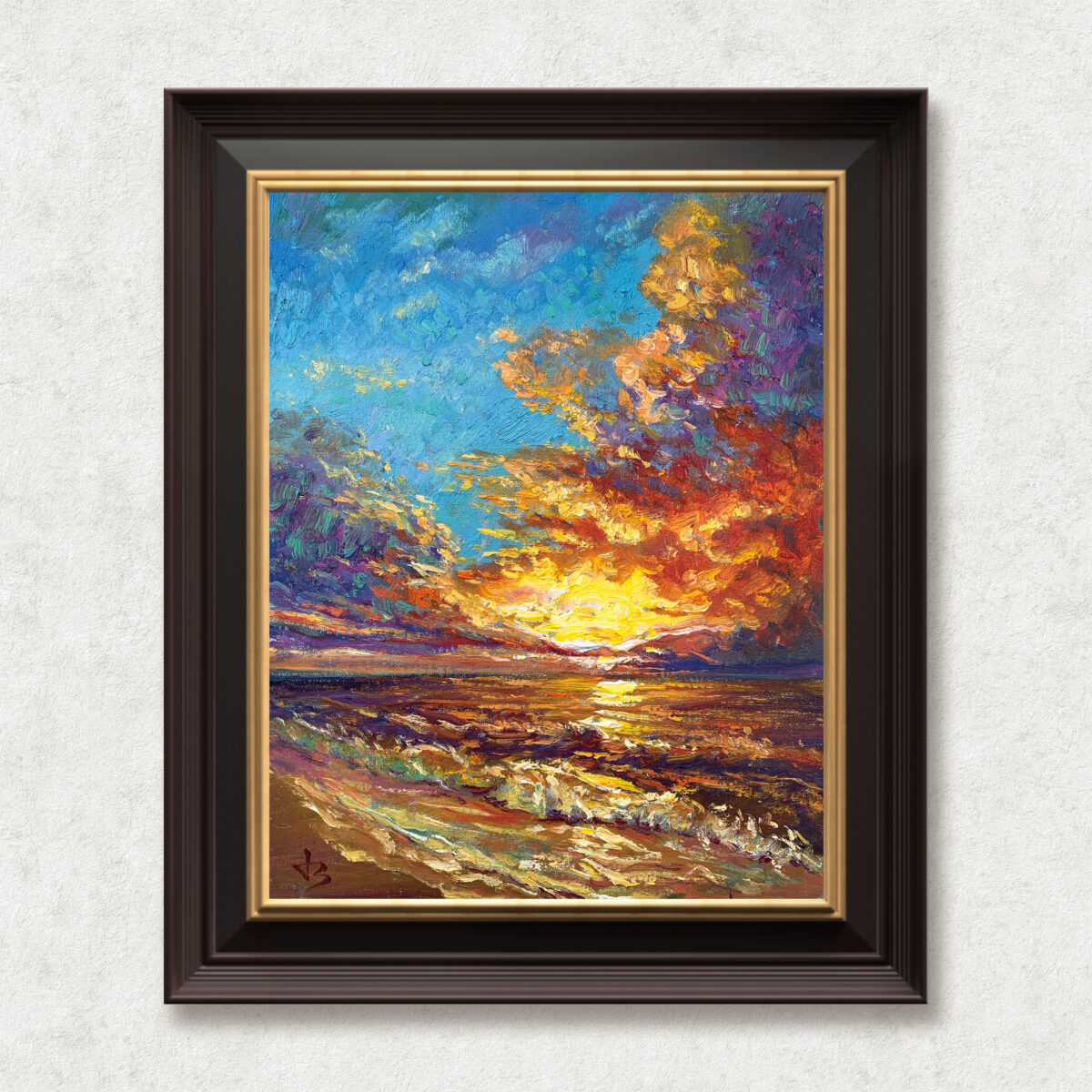 When the Sky Breaks Open — Dallas Deng oil painting, framed view, light and calm.