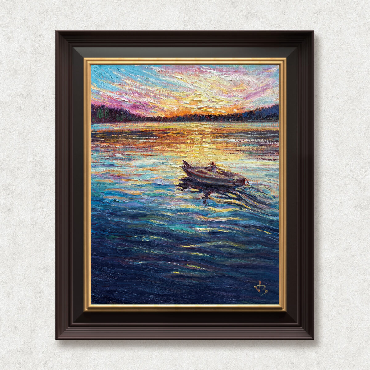 Companions at Dusk — Dallas Deng oil painting, framed view, light and calm.