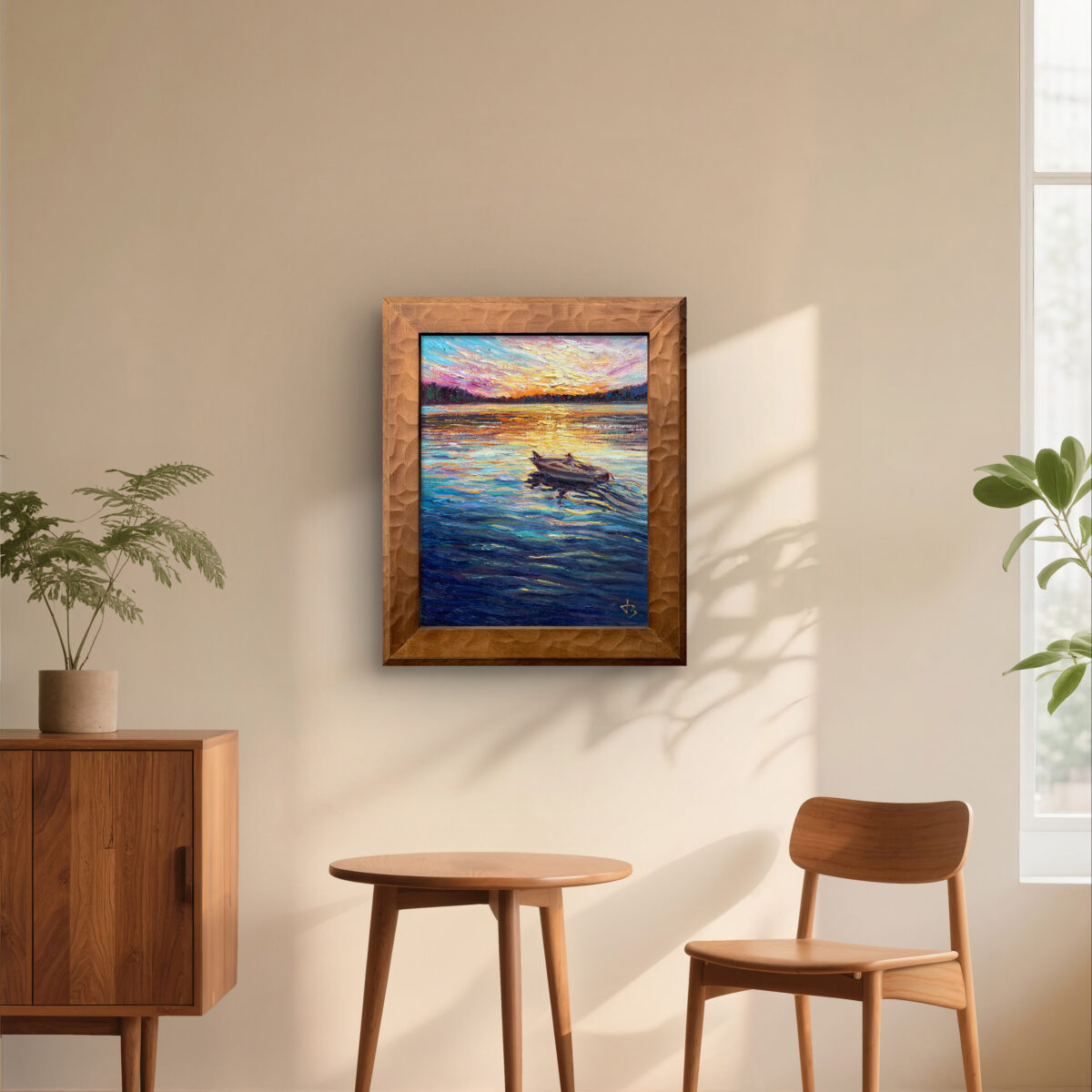 Companions at Dusk View3 — Dallas Deng oil painting, interior wall view, light and calm.
