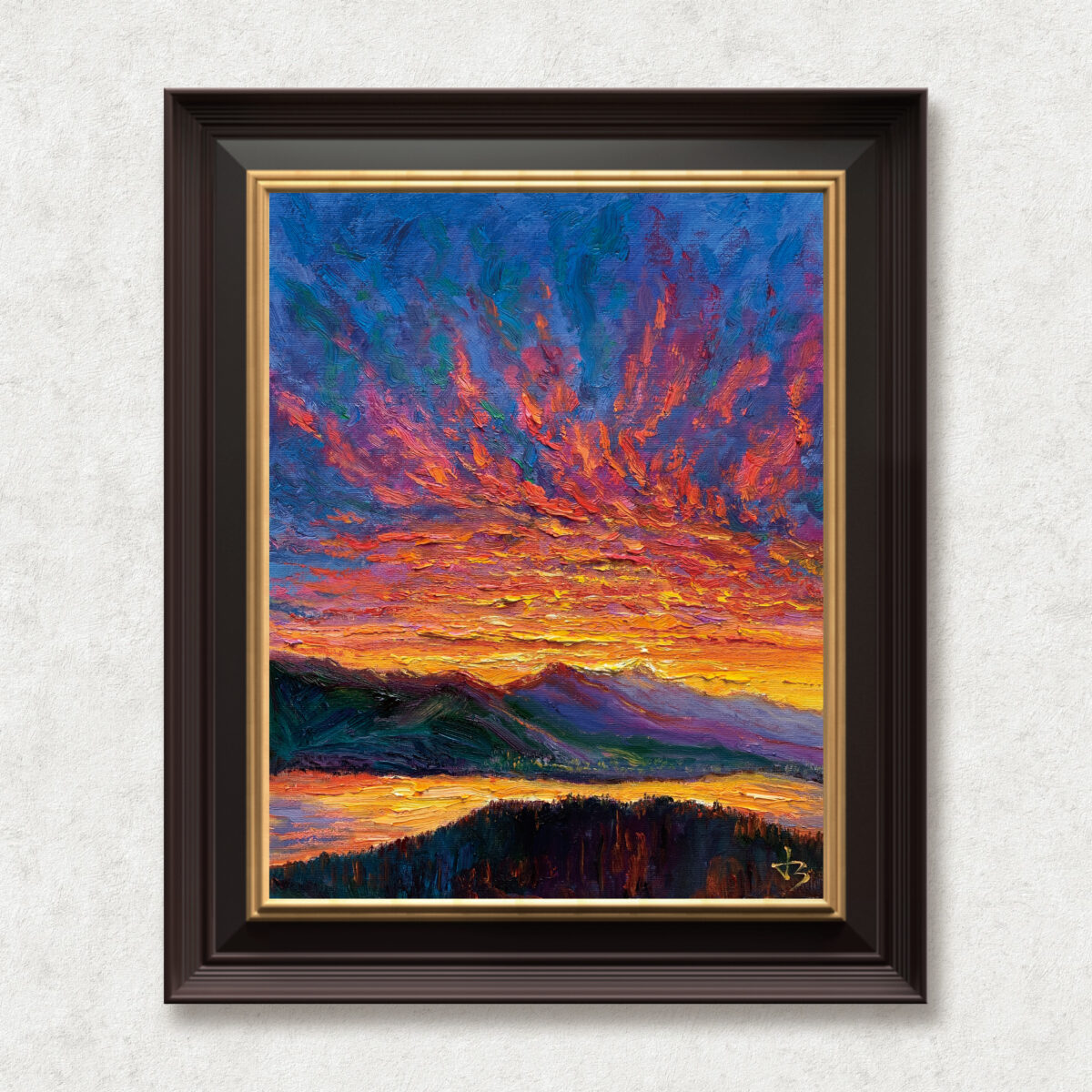 Before the Light Breaks — Dallas Deng oil painting, framed view, light and calm.