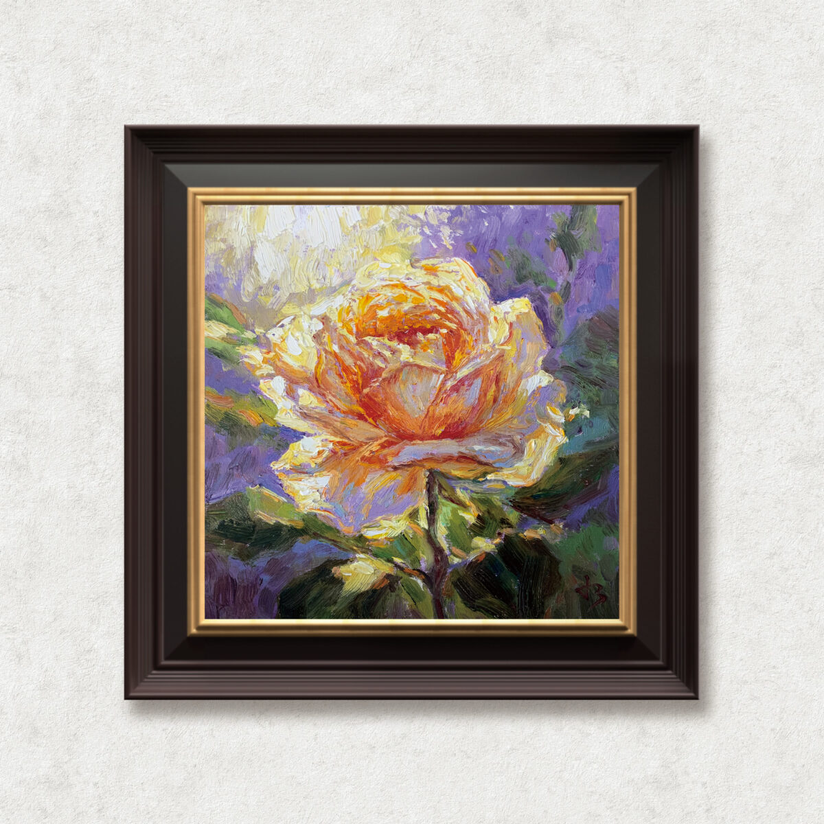 Inner Flame — Dallas Deng oil painting, framed view, light and calm.