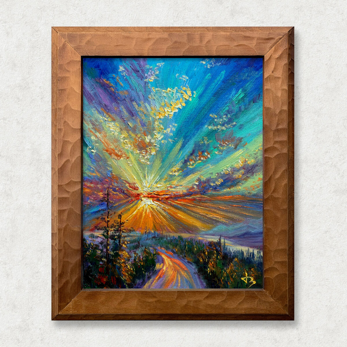 Burst of Light Walnut 2 — Dallas Deng oil painting, framed view, light and calm.