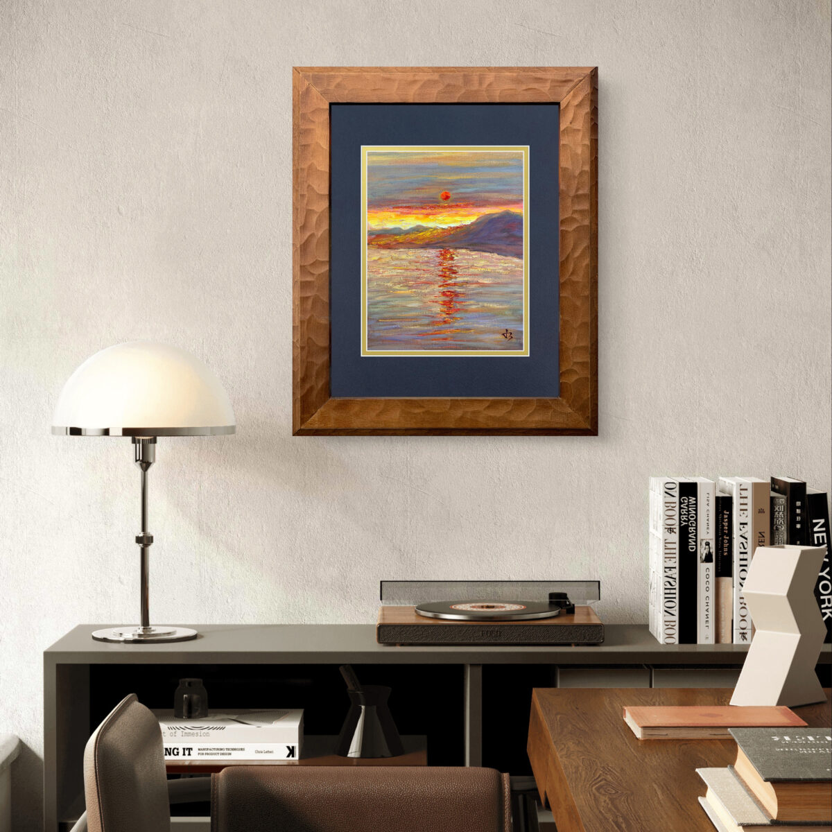 Crimson Sun 2 — Dallas Deng oil painting, interior wall view, light and calm.