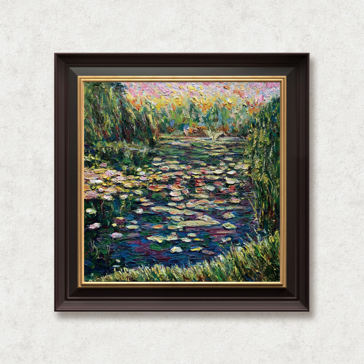 Lilies Twilight — Dallas Deng oil painting, framed view, light and calm.