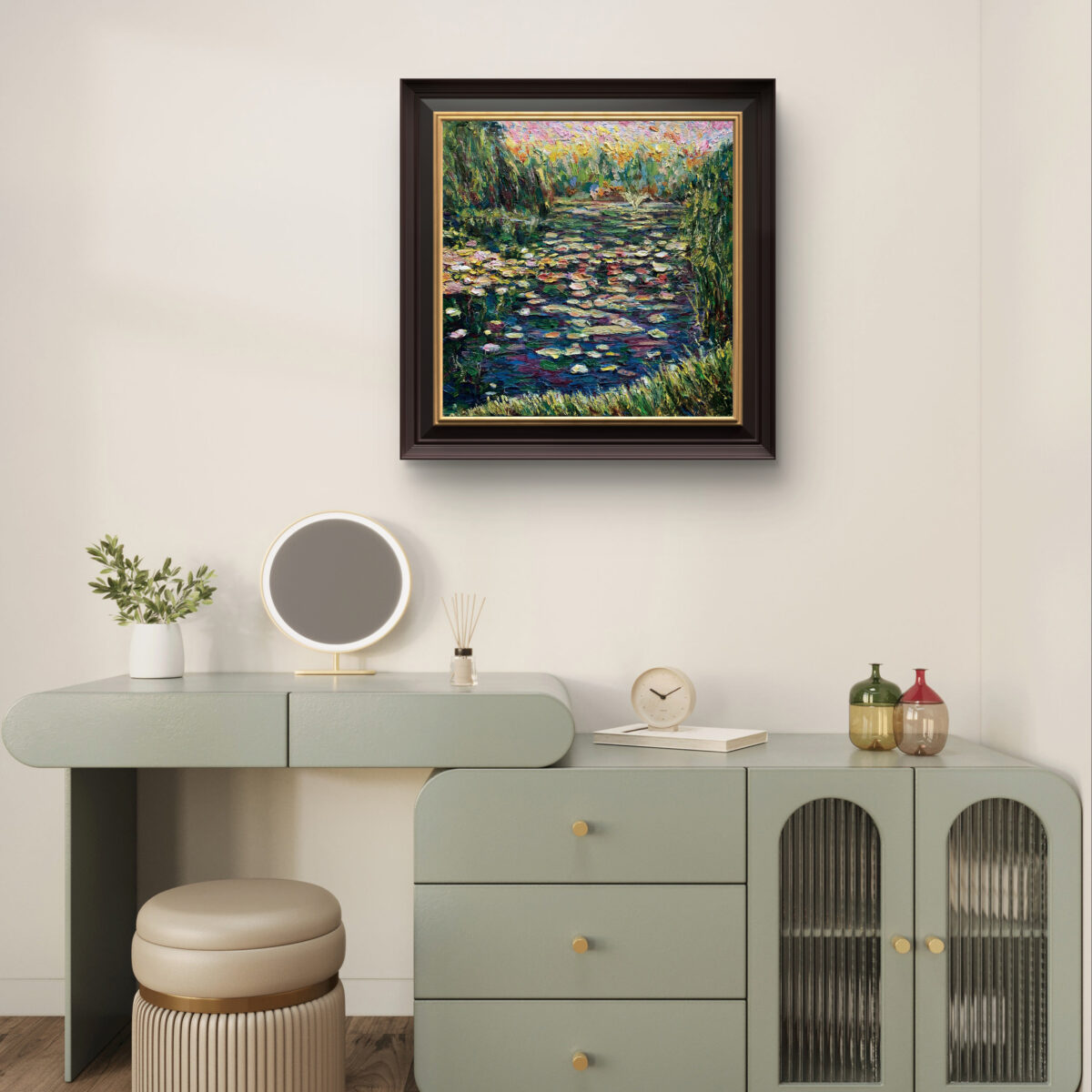 Lilies Twilight 1 — Dallas Deng oil painting, interior wall view, light and calm.