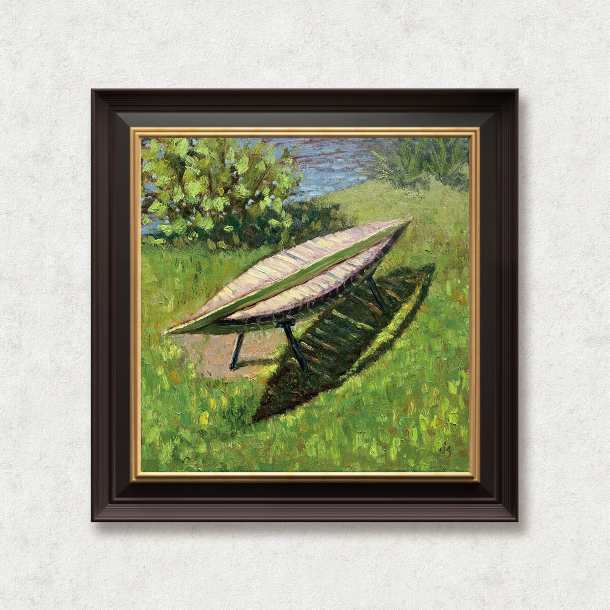 Quiet Bench — Dallas Deng oil painting, framed view, light and calm.