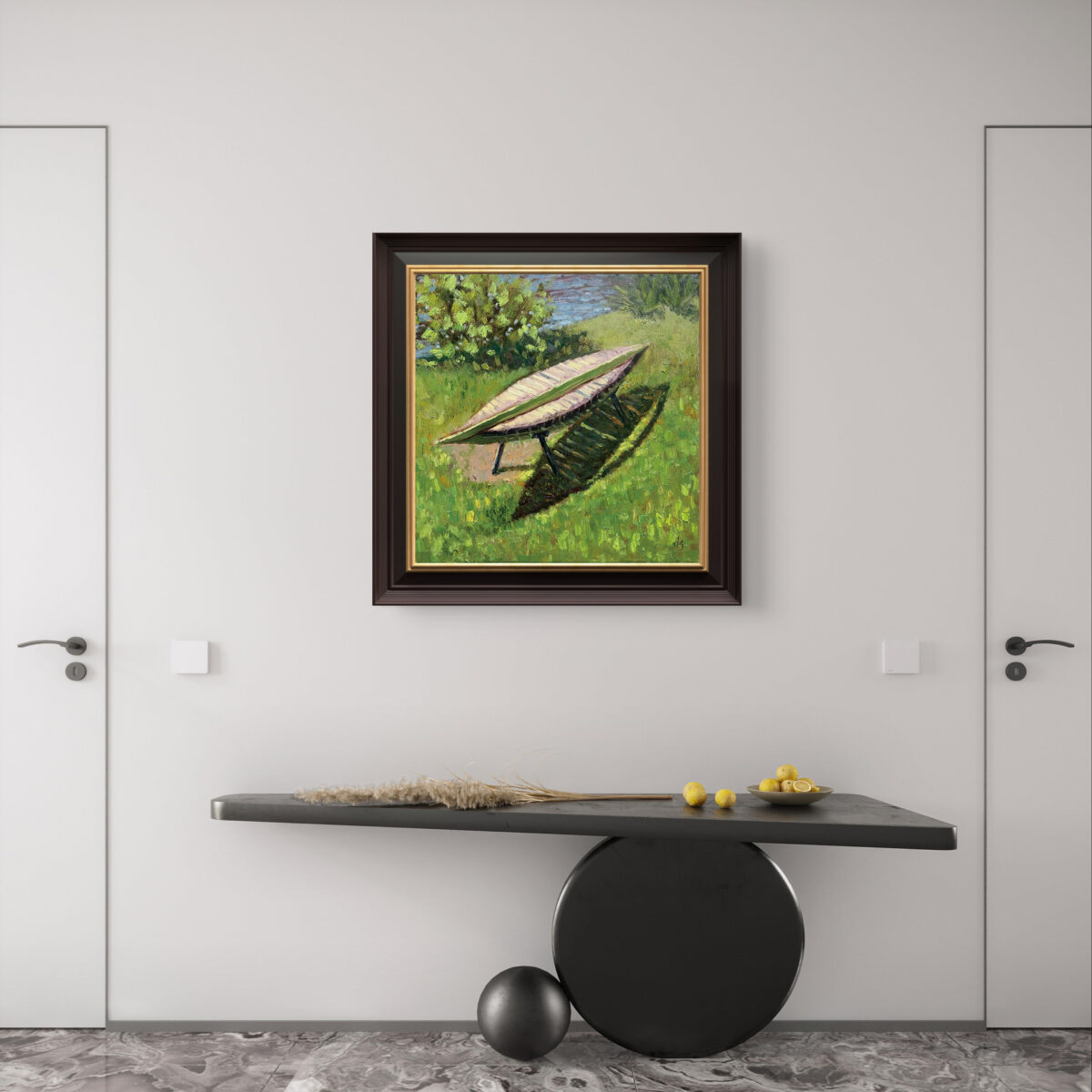 Quiet Bench 1 — Dallas Deng oil painting, interior wall view, light and calm.