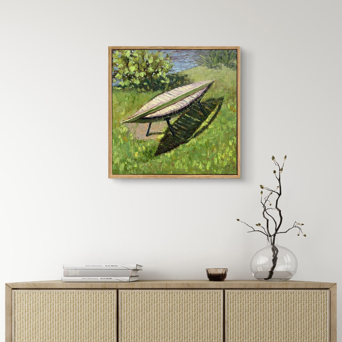 Quiet Bench 2 — Dallas Deng oil painting, interior wall view, light and calm.