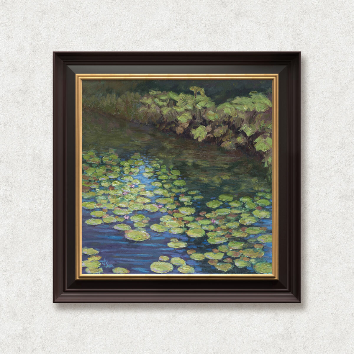 Water Lilies at Vandusen — Dallas Deng oil painting, framed view, light and calm.