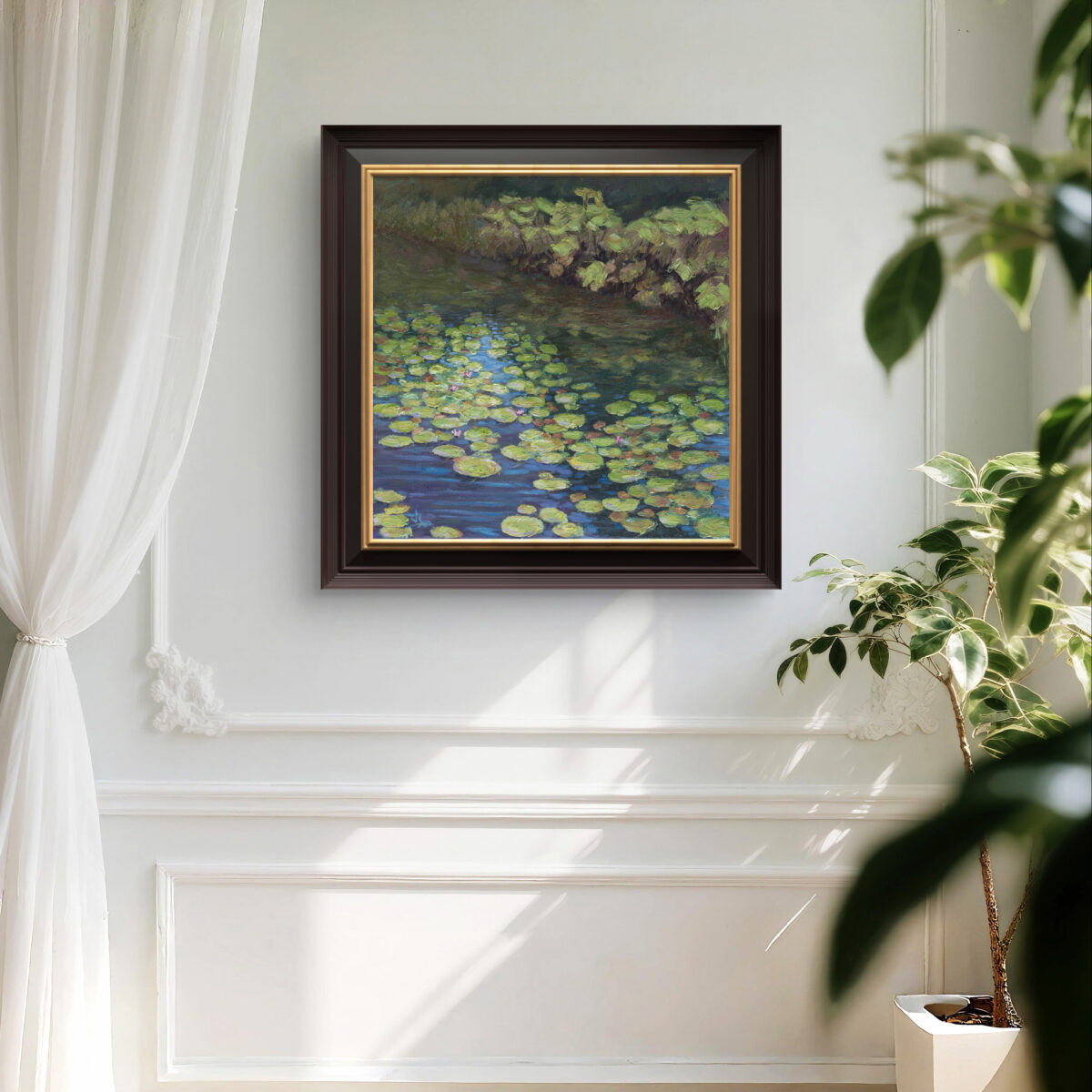 Water Lilies at Vandusen 1 — Dallas Deng oil painting, interior wall view, light and calm.