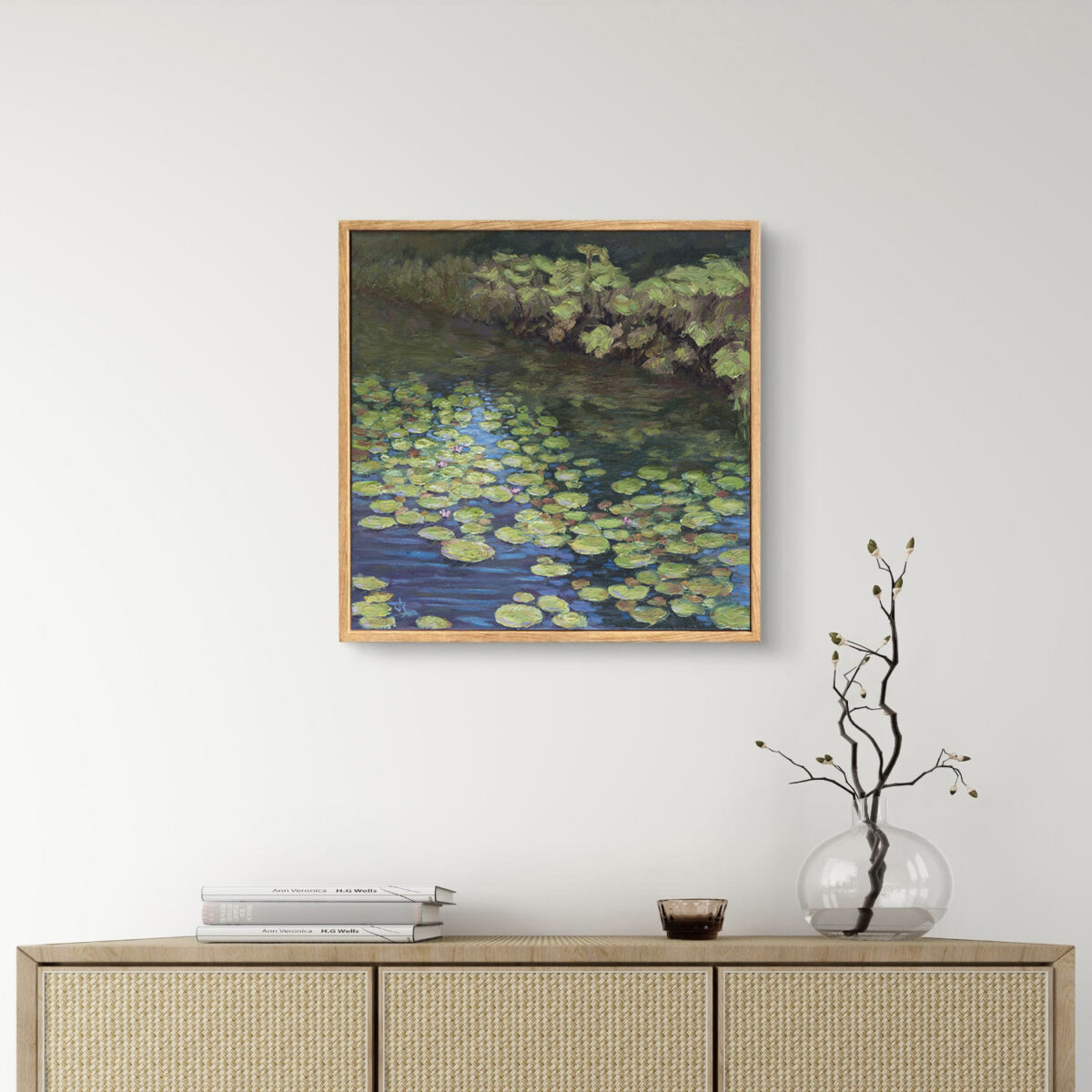 Water Lilies at Vandusen 2 — Dallas Deng oil painting, interior wall view, light and calm.
