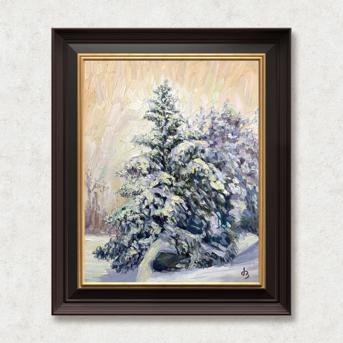 Winter Stillness — Dallas Deng oil painting, framed view, light and calm.