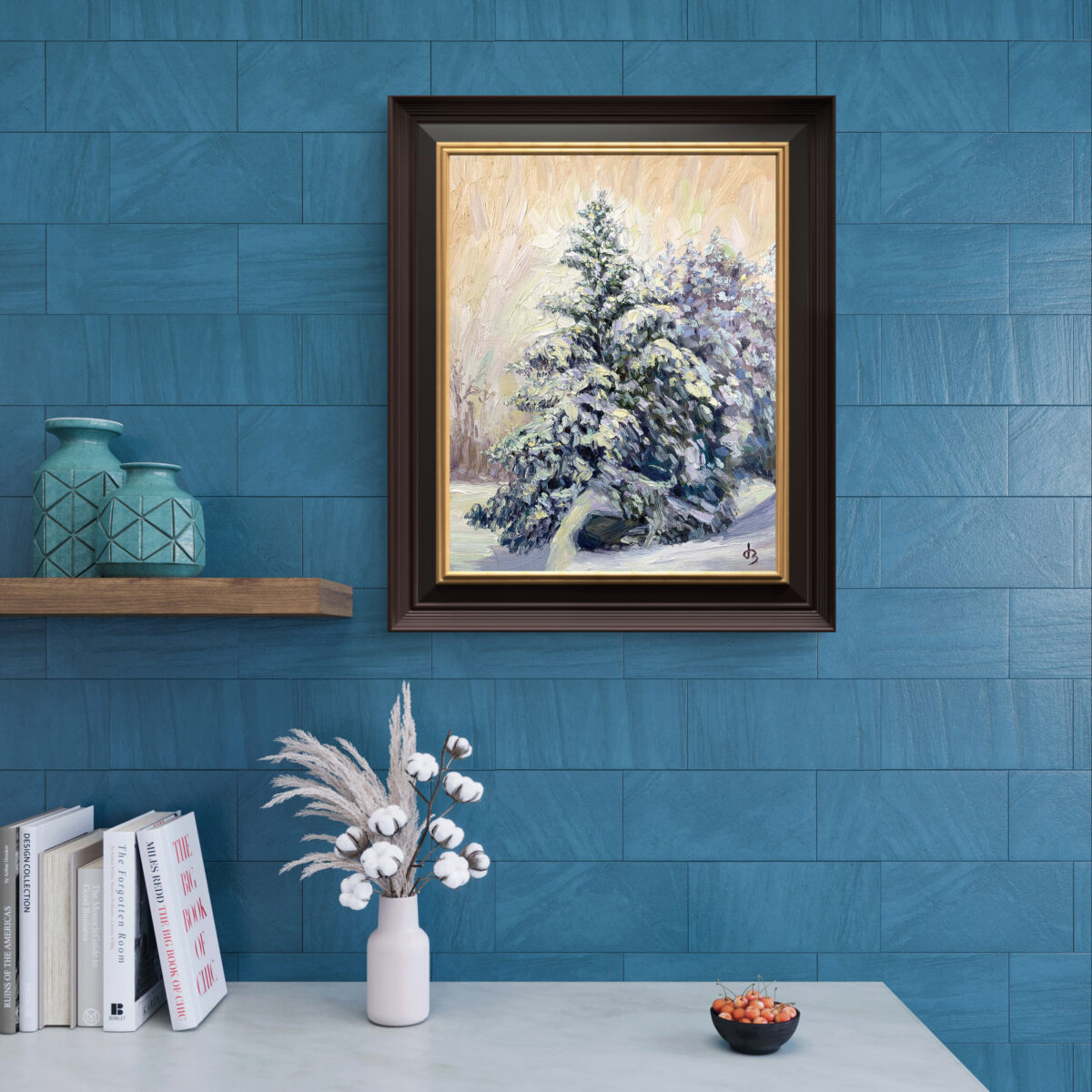 Winter Stillness View1 — Dallas Deng oil painting, interior wall view, light and calm.