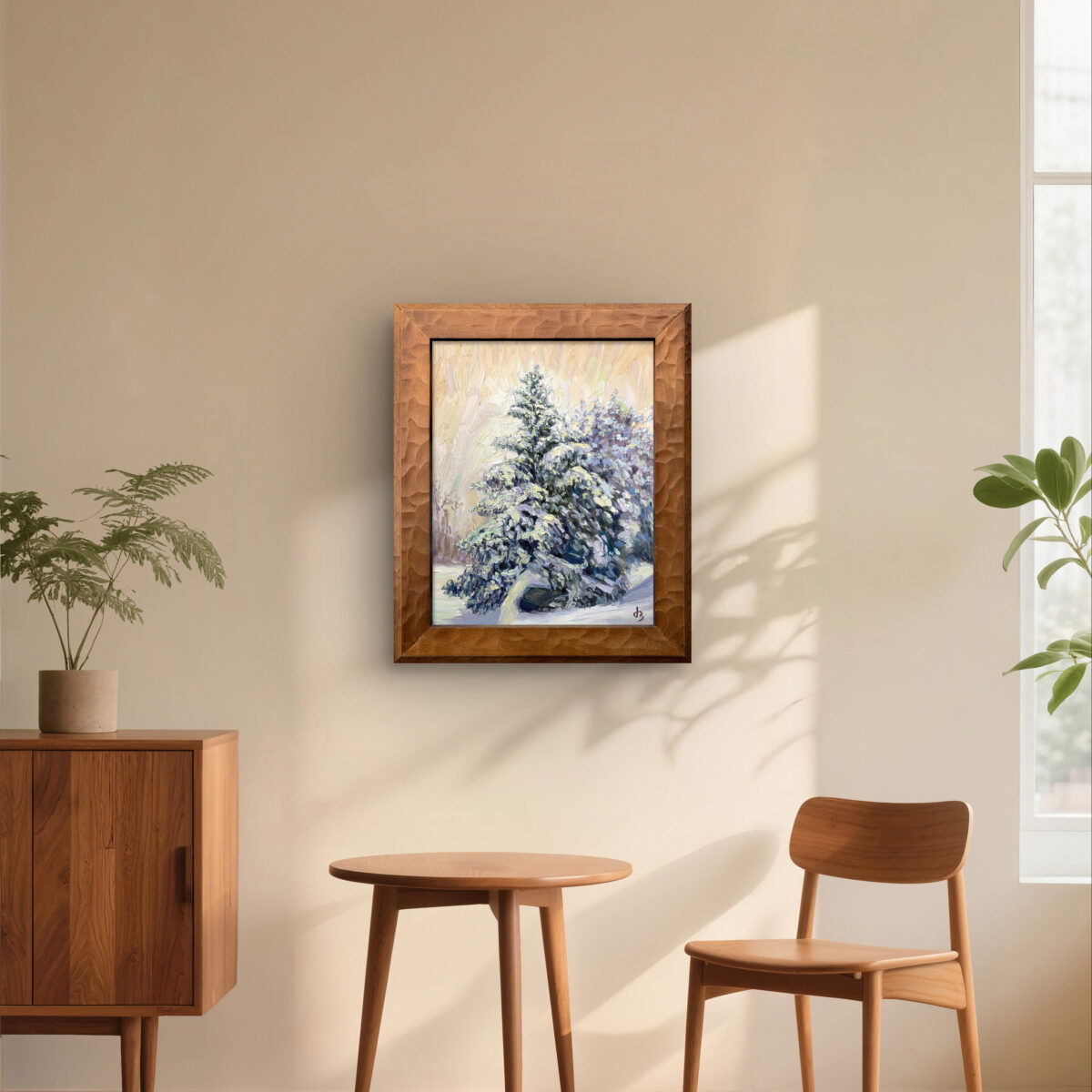 Winter Stillness View2 — Dallas Deng oil painting, interior wall view, light and calm.